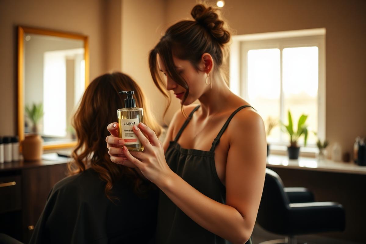 Stilistă aplicând produse profesionale Donatti unei cliente în salon